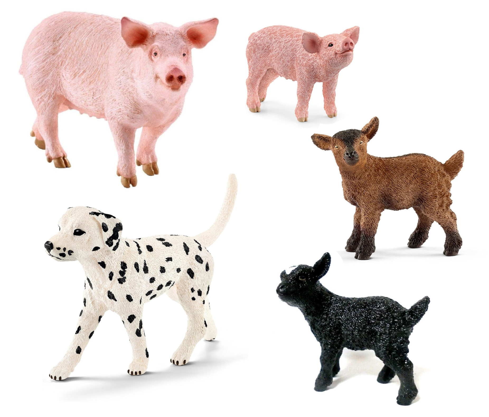Sammlung von Spielzeug-Bauernhoftieren: Schweine, ein Dalmatiner-Welpe und zwei Ziegen.
