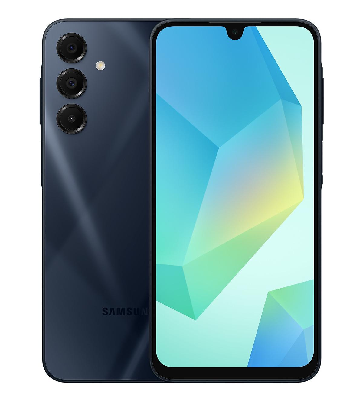Uno smartphone blu con tre fotocamere posteriori, che mostra uno schermo astratto colorato.
