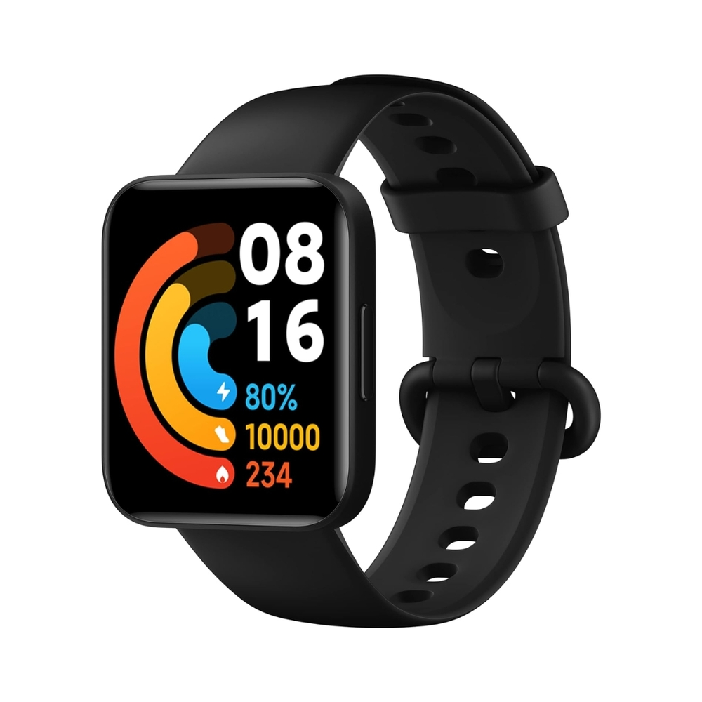 Schwarze Smartwatch mit schwarzem Armband. Das Display zeigt Zeit, Akku, Schritte und Kalorien.