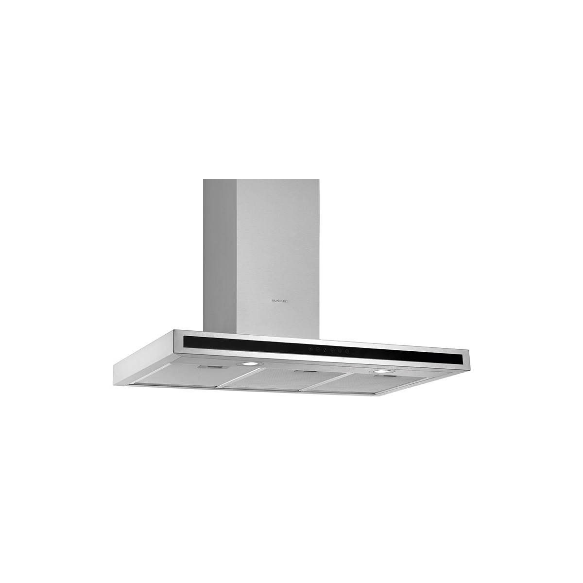 Cappa rettangolare in acciaio inox, con luci e finiture nere.