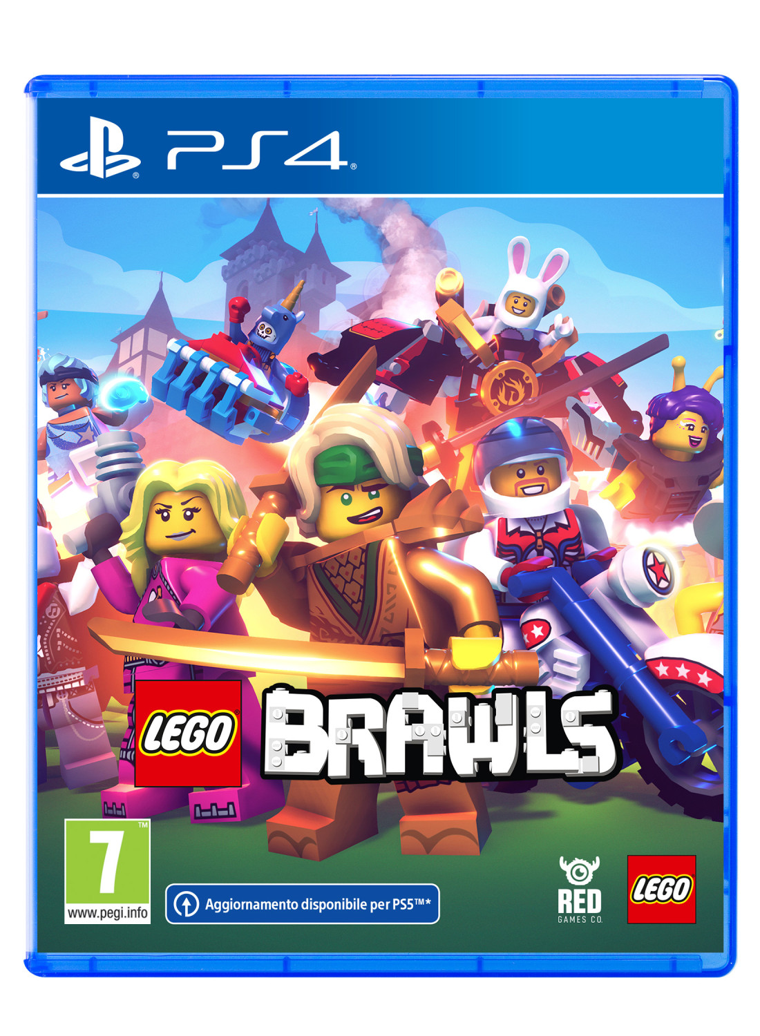 Portada del juego PS4 Lego Brawls. Personajes de Lego en la portada en una escena de acción colorida.