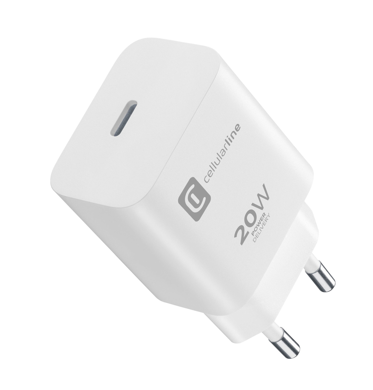 Un cargador de suministro de energía de 20 W blanco con puerto USB-C y clavijas, sobre fondo blanco.