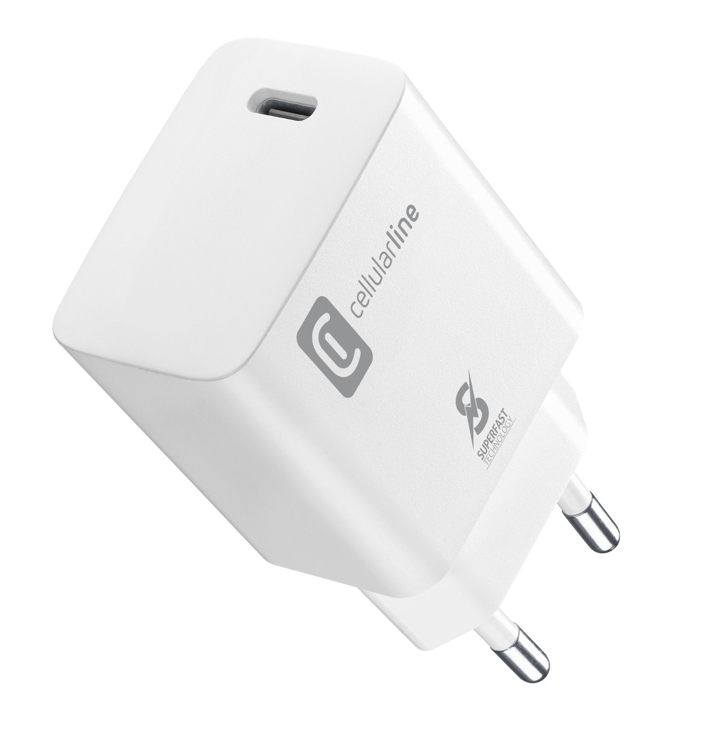 Cargador blanco con texto 'cellularline', 'SUPERFAST TECHNOLOGY', y puerto USB-C.