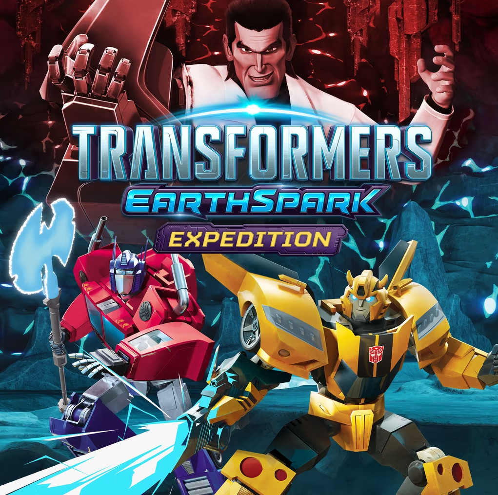 Plakat filmu Transformers z Optimus Prime i Bumblebee w akcji oraz mężczyzną w tle.