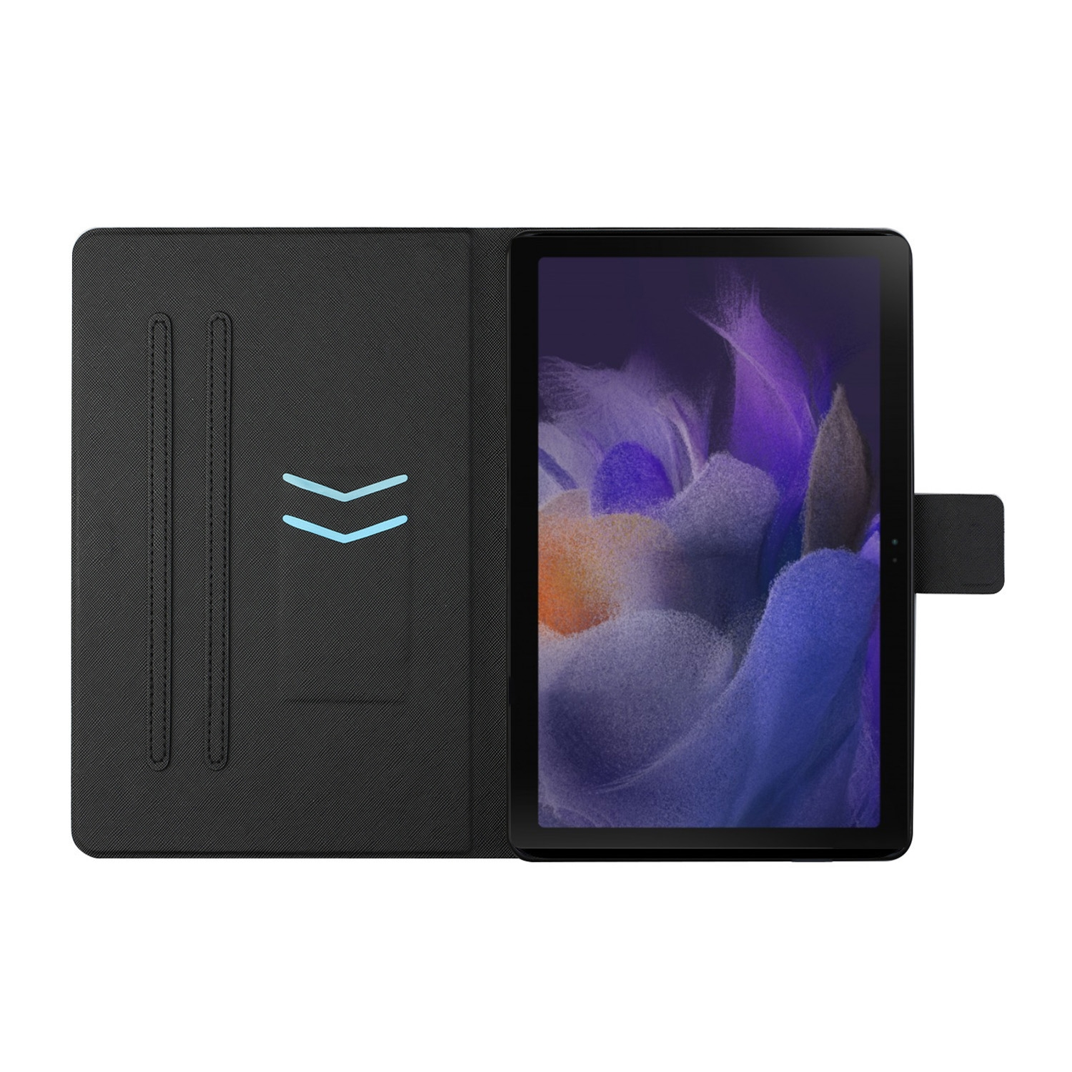 Schwarzes Tablet in einer Hülle, geöffnet, um den Bildschirm und Kartenfächer zu zeigen. Vor weißem Hintergrund.