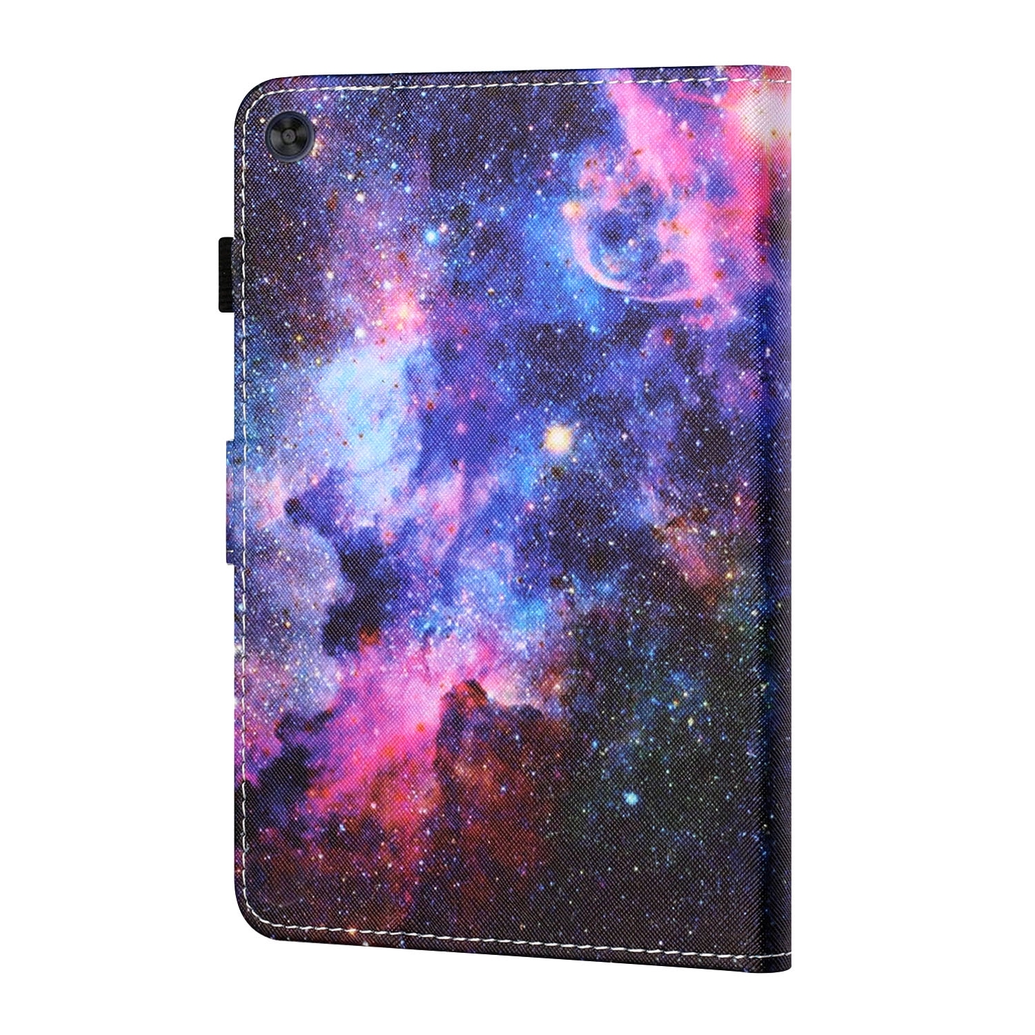 Eine Tablet-Hülle mit Galaxiemuster. Das Muster ist hauptsächlich blau, lila und rosa. Es hat eine Abdeckung.