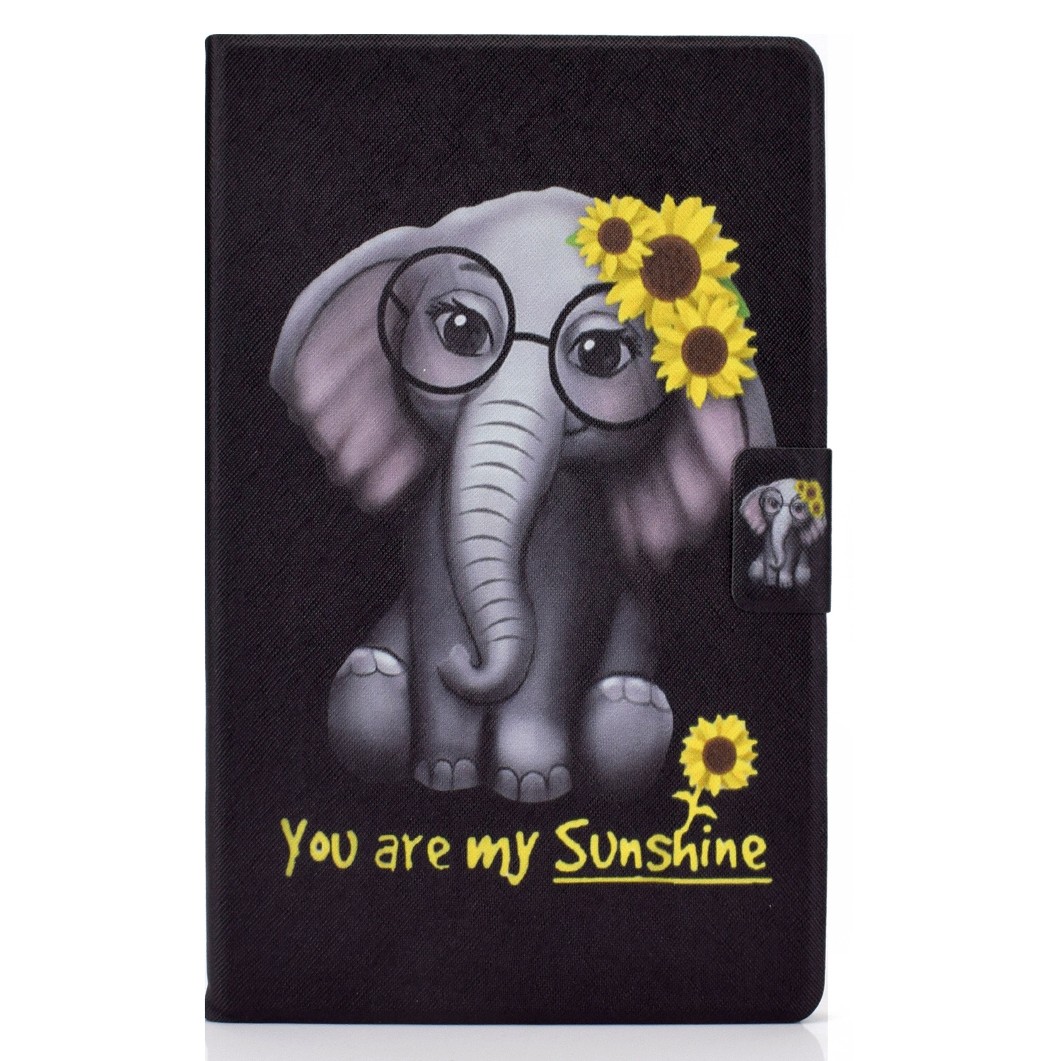 Tablethülle mit Elefant, Brille und Sonnenblumen. Text: Du bist mein Sonnenschein.