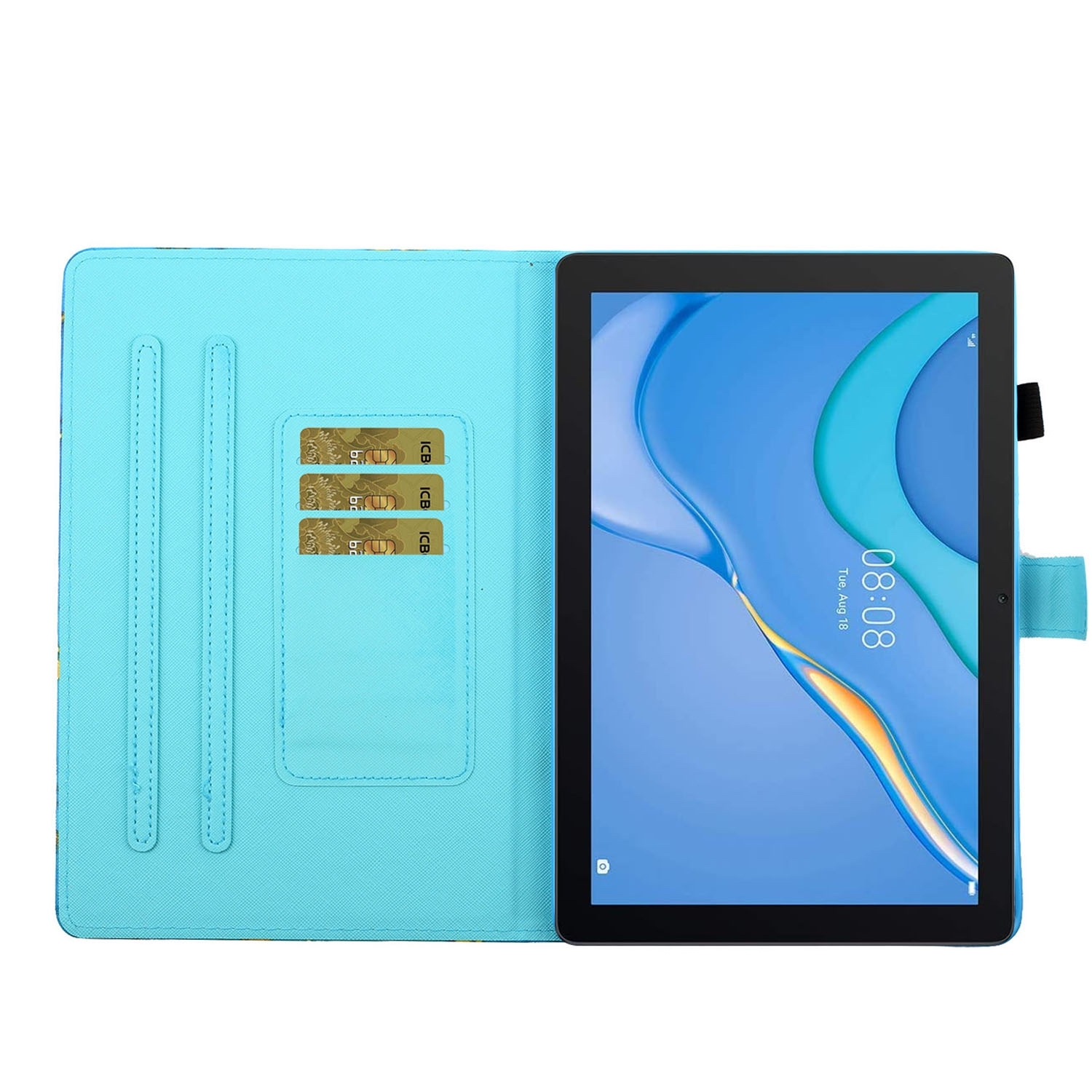 Ein Tablet in einer hellblauen Hülle mit Kartenfächern geöffnet. Der Bildschirm zeigt eine Telefon-App-Oberfläche.
