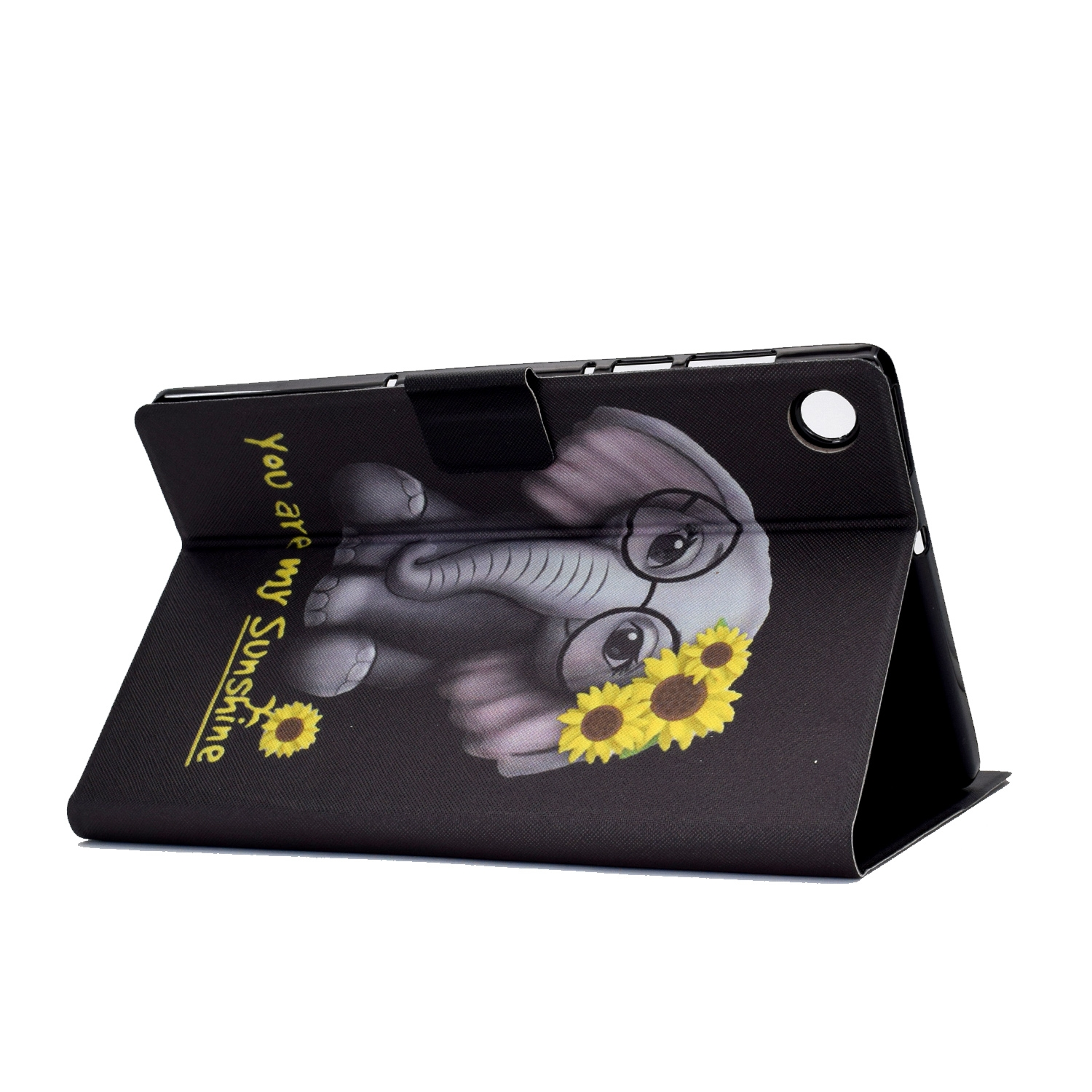 Tablethülle mit einem Elefanten mit Brille, Sonnenblumen und dem Text "You are my Sunshine".