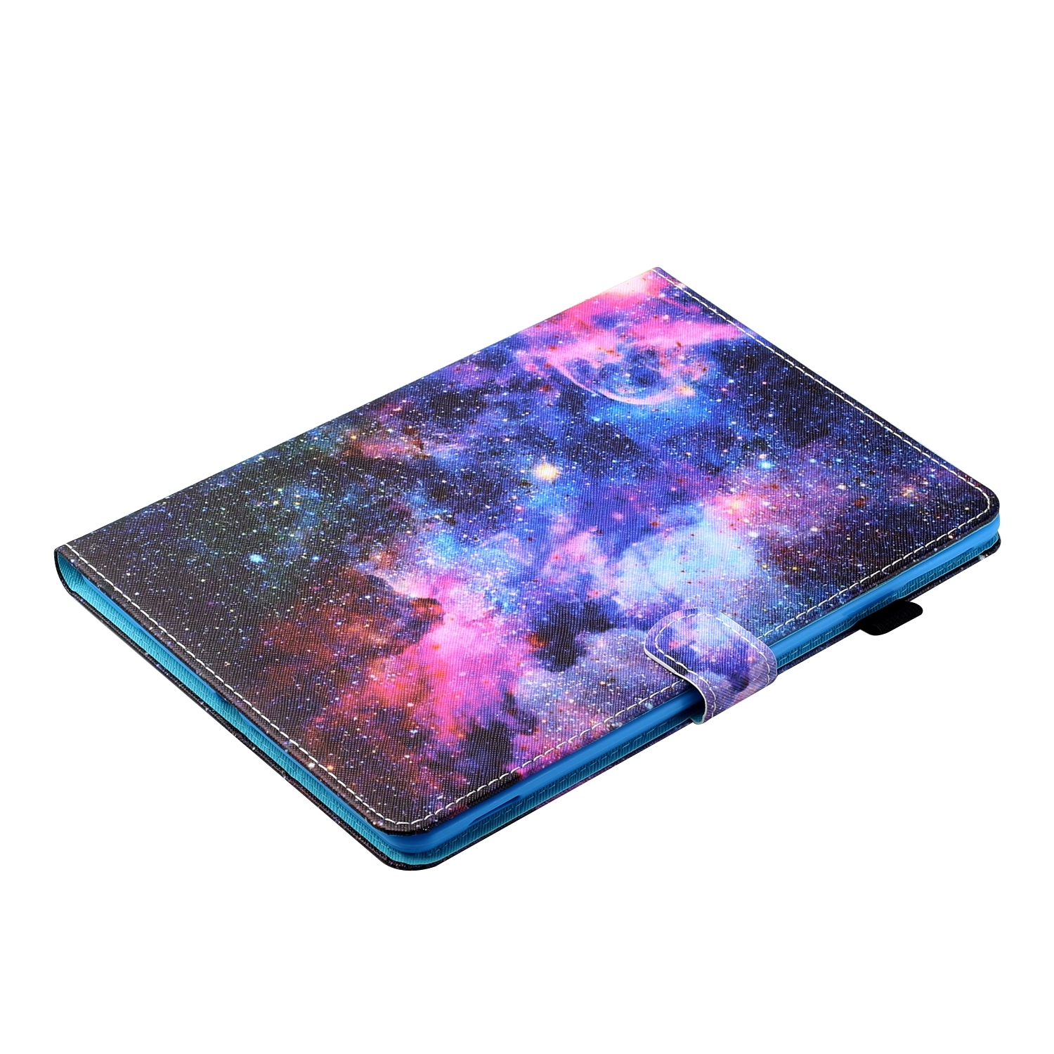 Eine Tablethülle mit einem farbenfrohen Nebel-Design. Sie ist geschlossen und vor weißem Hintergrund platziert.