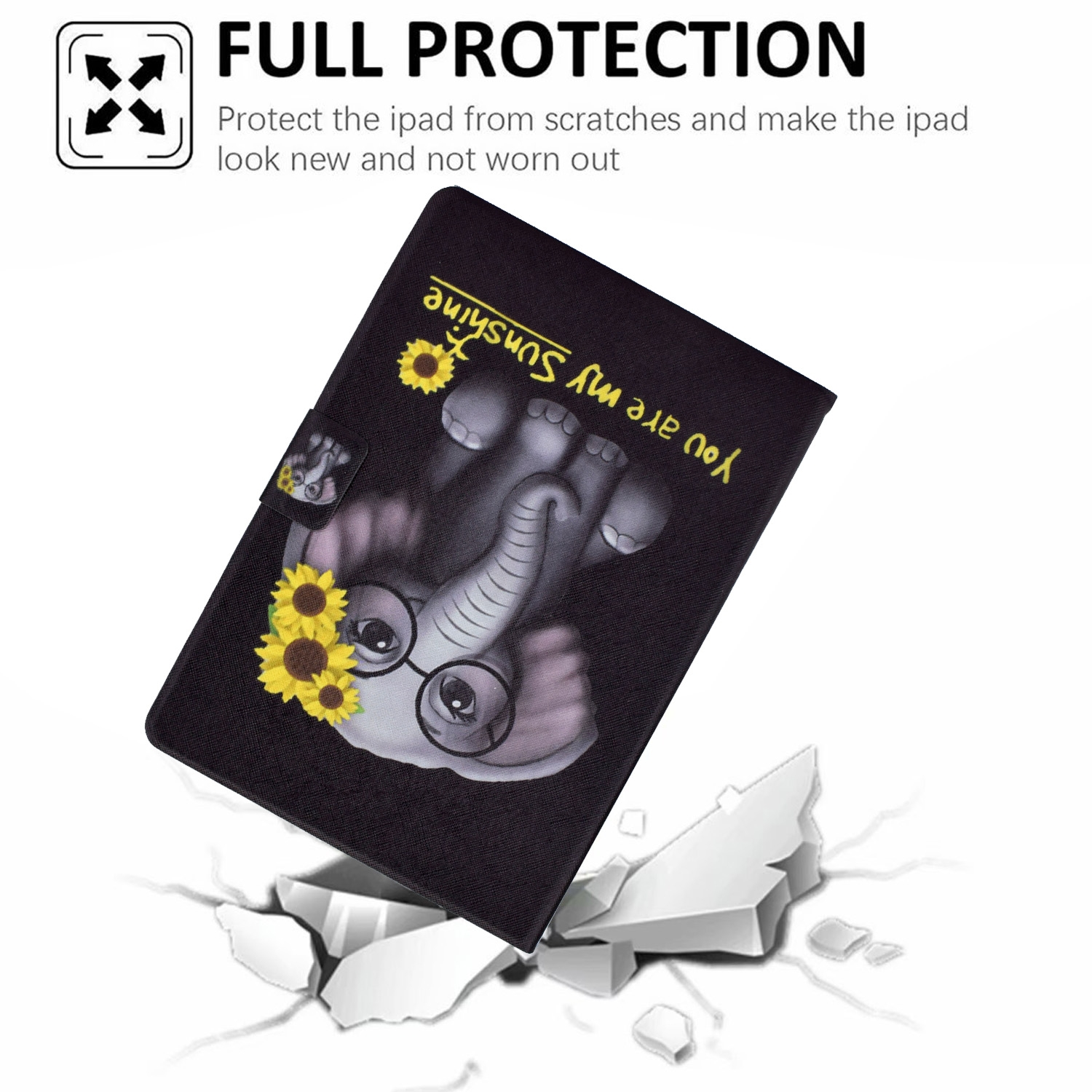 iPad-Hülle mit Elefanten-Design. Zeigt einen Elefanten mit Brille und Sonnenblumen.