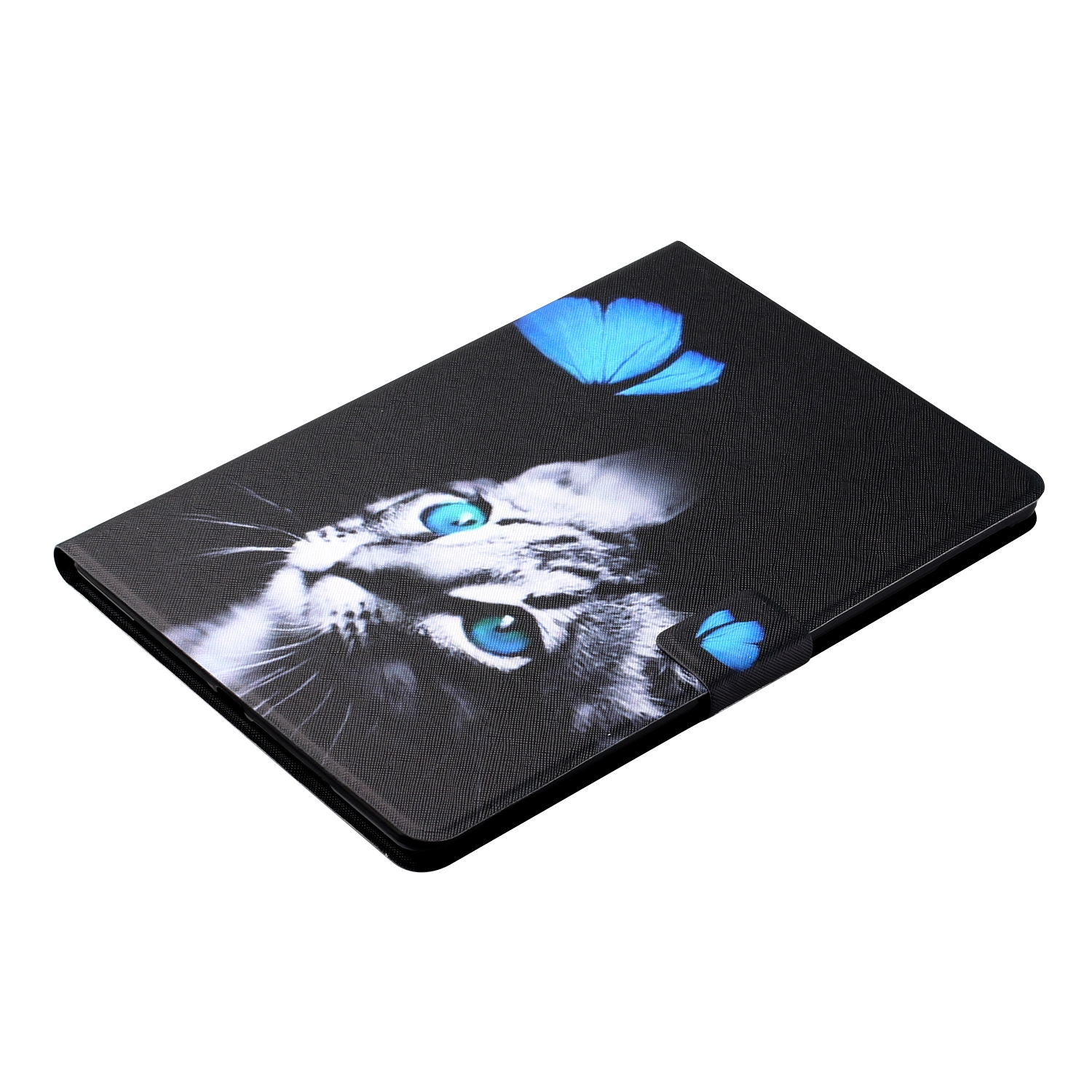 Tablet-Hülle mit Katzengesicht und zwei blauen Schmetterlingen auf schwarzem Hintergrund.