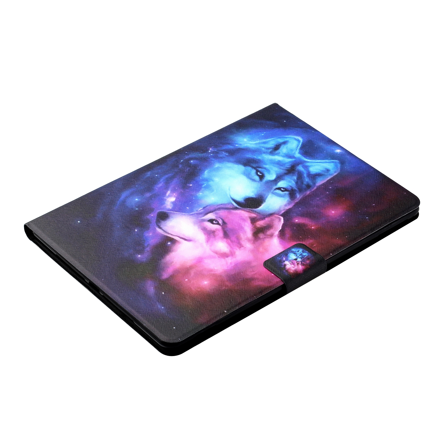 Eine Tablet-Hülle mit Wolf-Design. Zwei Wölfe in einem Galaxie-Hintergrund, auf weißer Oberfläche.