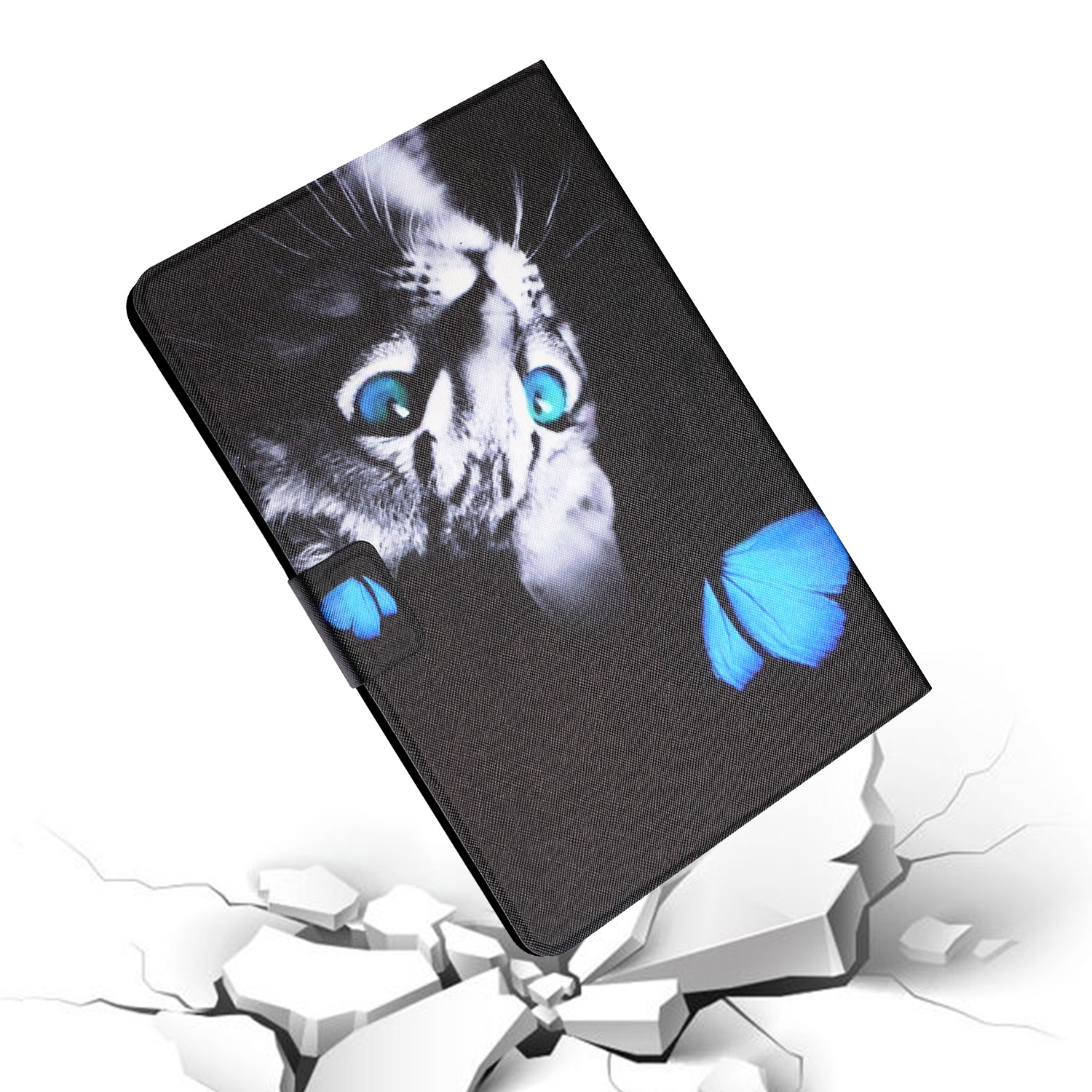 Tablethülle mit Katzenbild und blauen Schmetterlingen. Weißer Hintergrund.