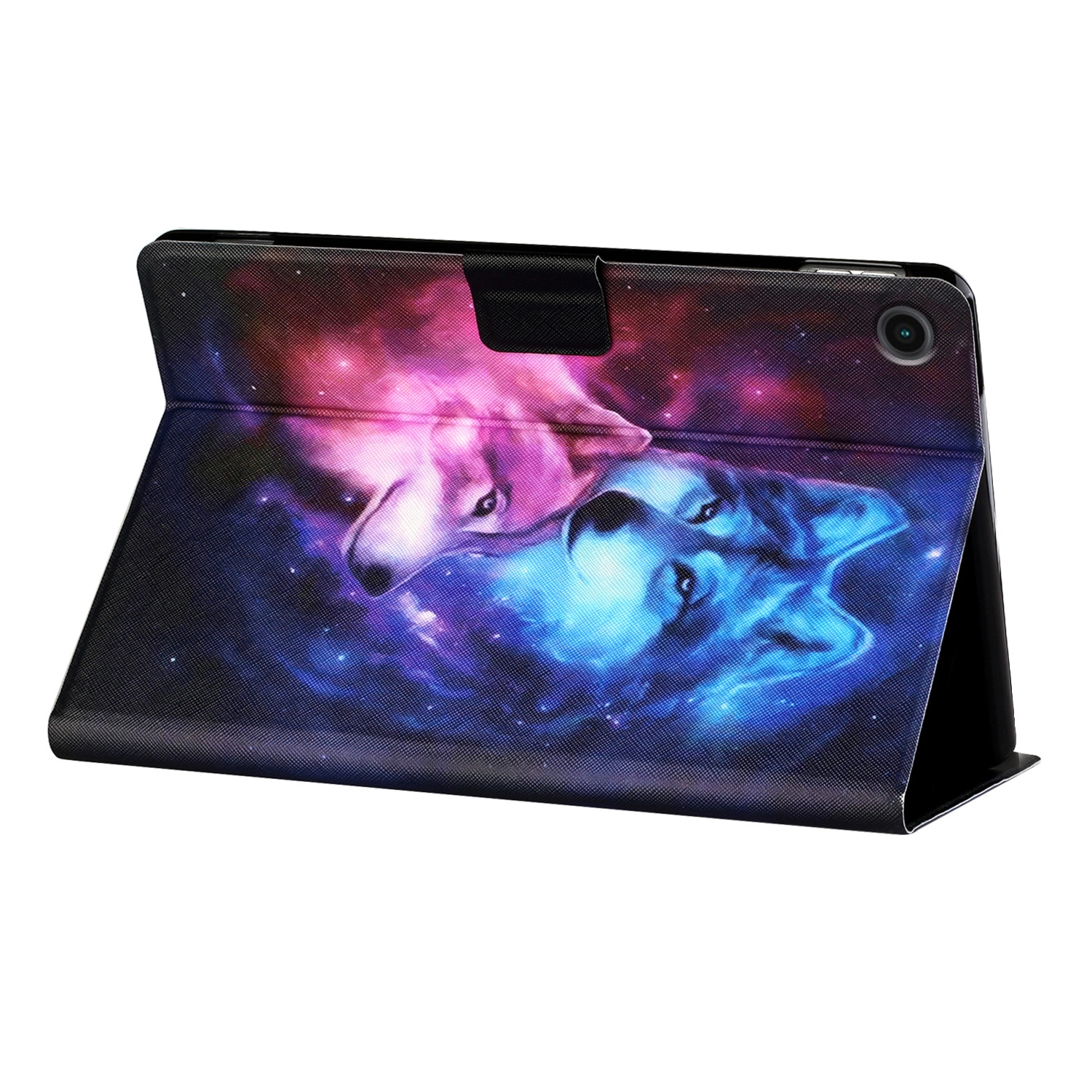 Tablethülle mit Galaxie-Design und zwei Wölfen. Das Tablet ist geöffnet.