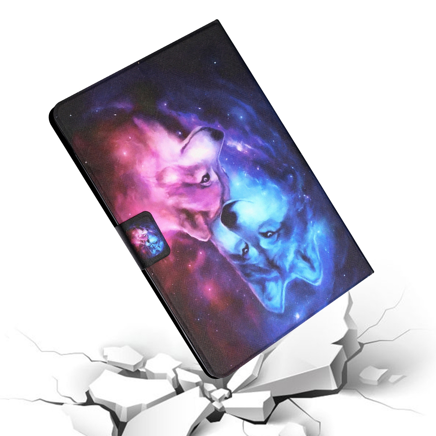 Tablethülle mit Wolfsdesign. Es fällt und knackt die Oberfläche darunter. Schwarz und Lila.