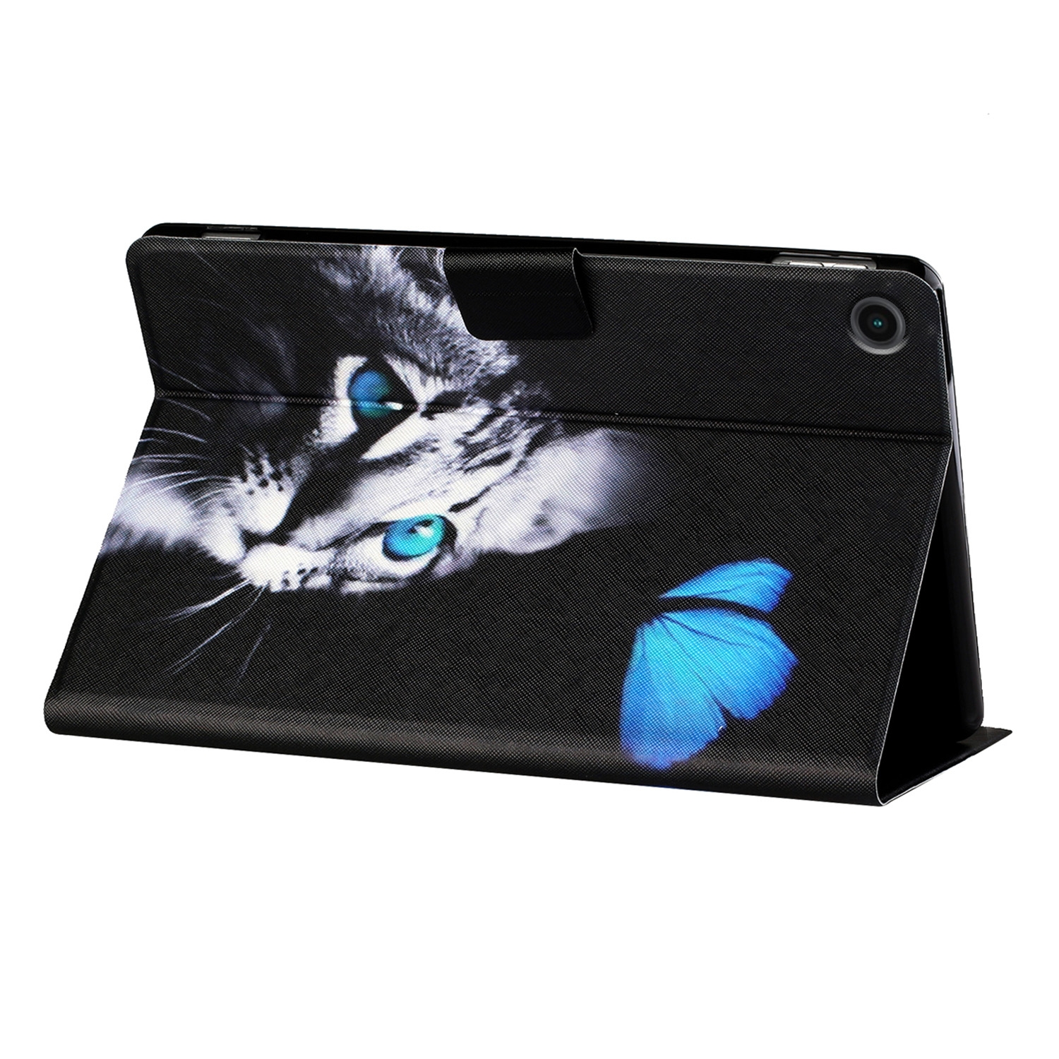 Eine schwarze Tablet-Hülle mit einem Katzenkopf und einem blauen Schmetterling. Die Hülle ist offen.