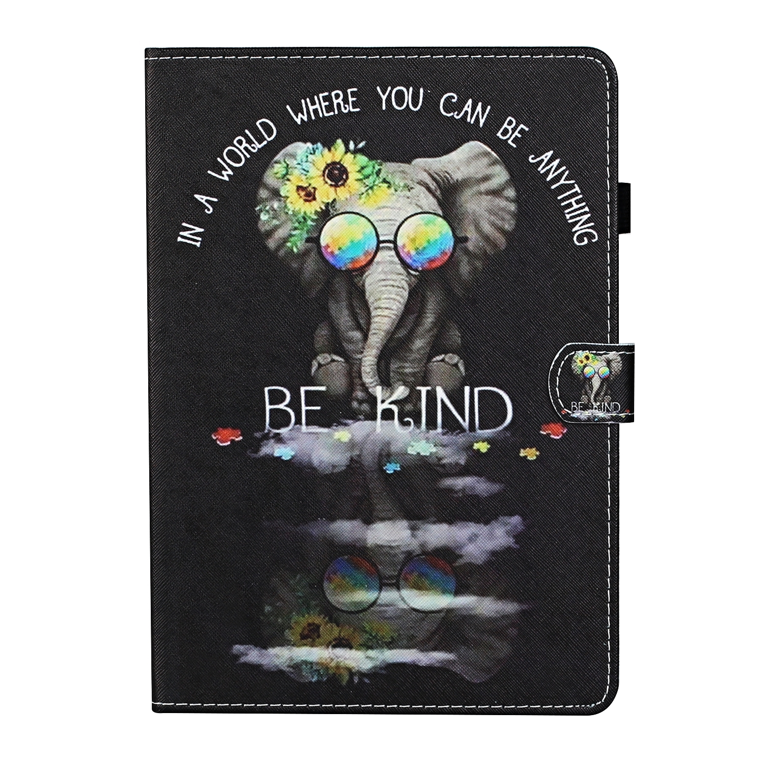 Eine Tablet-Hülle mit einem Elefanten mit Sonnenbrille und den Worten 'BE KIND'.