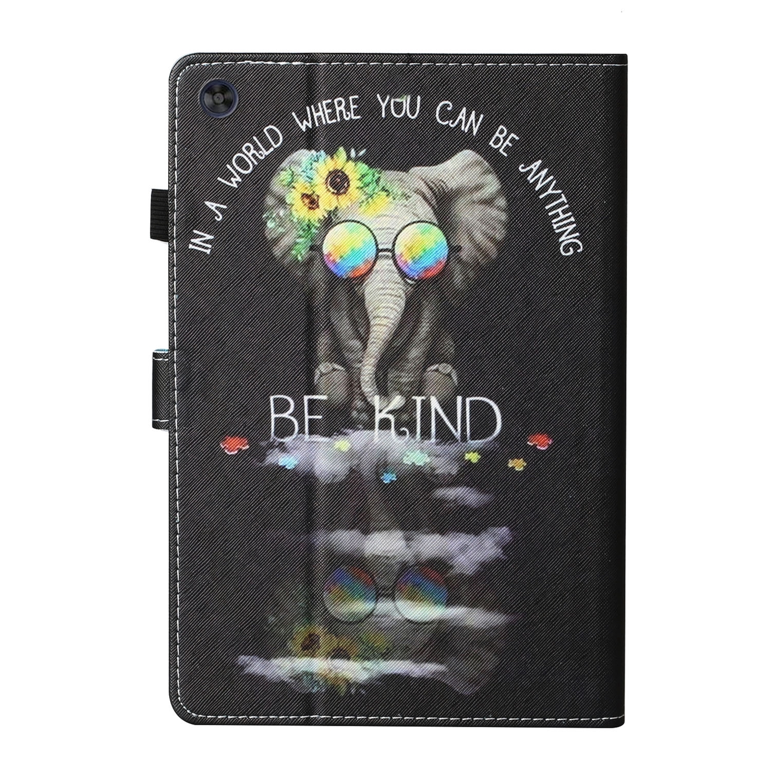 Eine Tablet-Hülle mit einem Elefanten mit Sonnenbrille und Blumenkrone. Text: 'In a world...Be Kind'.