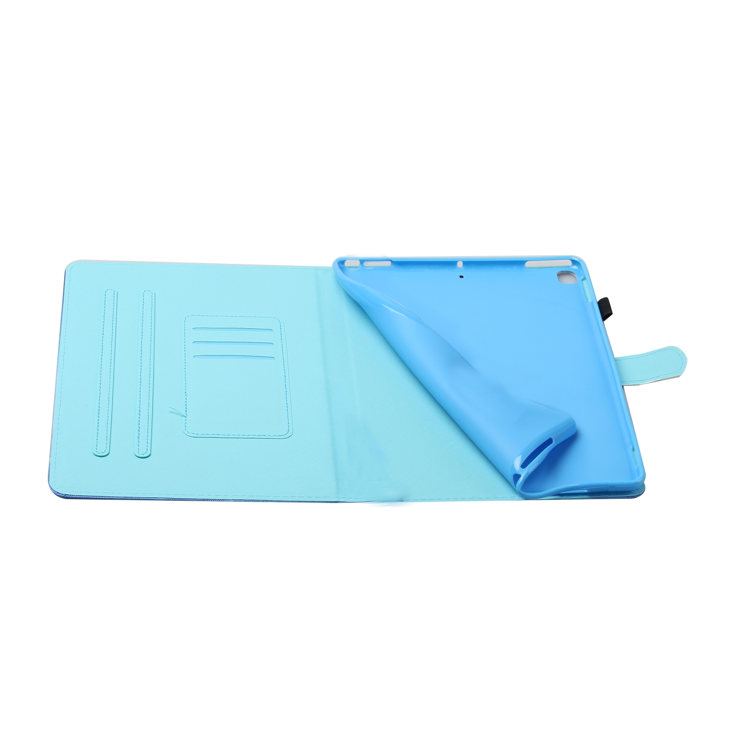 Eine offene blaue Tablethülle mit hellblauem Innenraum, die eine Tablethalterung zeigt.