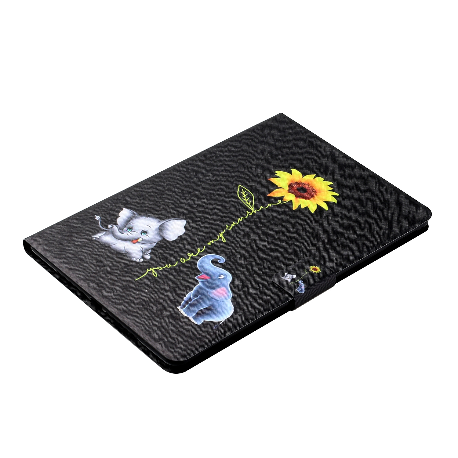 Schwarze Tablet-Hülle mit Sonnenblume, Elefanten und Text: Du bist mein Sonnenschein.
