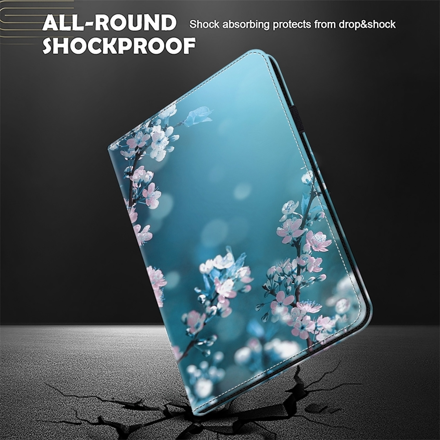 Eine blaue Tablethülle mit floralem Design und dem Text Shockproof.