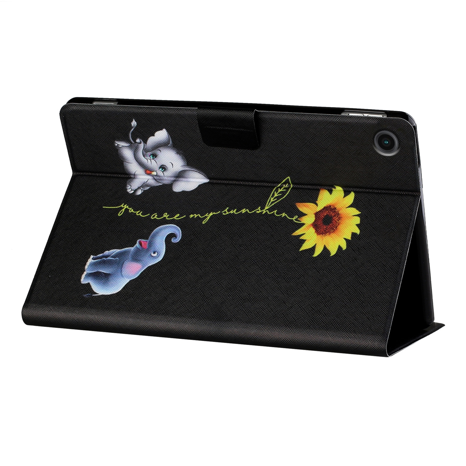 Schwarze Tablethülle mit Elefanten- und Sonnenblumenmotiven, mit Aufschrift 'You are my sunshine'.