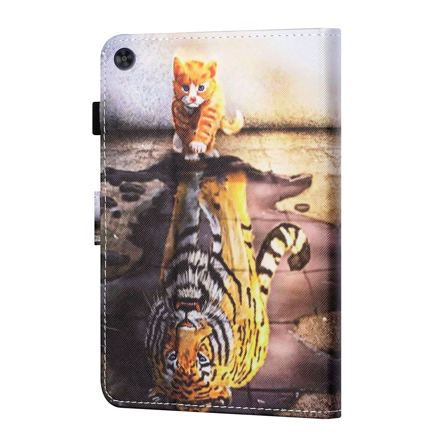 Tablethülle mit einer orangefarbenen Katze auf einem Tigerbild.