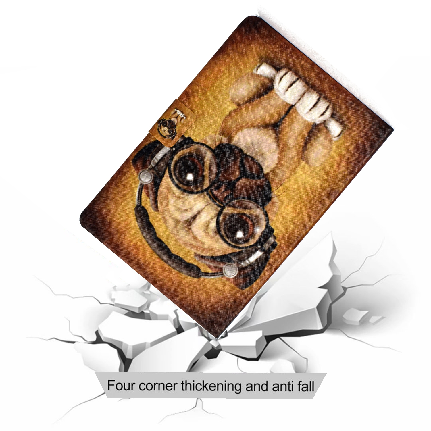 Tablet-Hülle mit Hundegesicht und Kopfhörern. Die Hülle fällt auf weiße Fragmente.