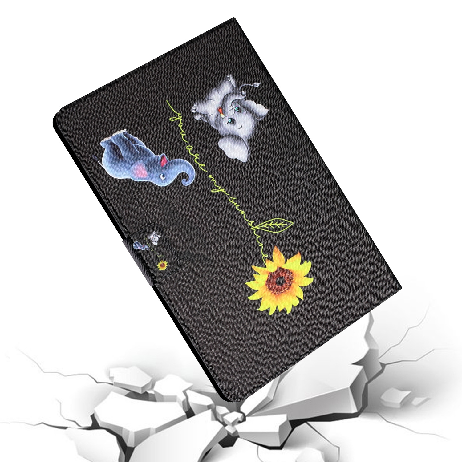 Tablet-Hülle mit Elefanten, Sonnenblume und Text auf einer zerbrochenen Oberfläche. Die Elefanten sind cartoonartig.