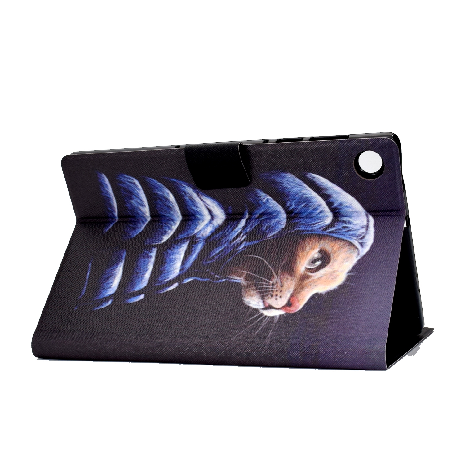 Tablet-Hülle mit Katzenkopf und Fischgrätenmuster, schwarzem Verschluss und Loch für die Kamera.