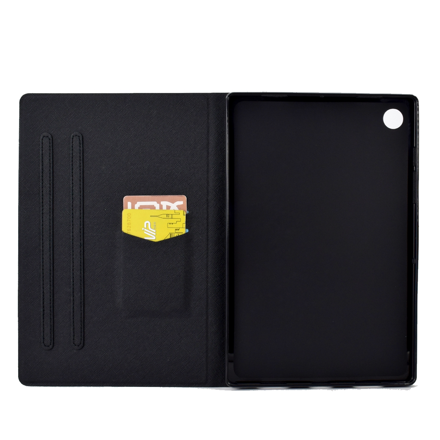 Schwarze Tablethülle mit Karte und Tablet. Geöffnete Hülle mit Karte im Halter.