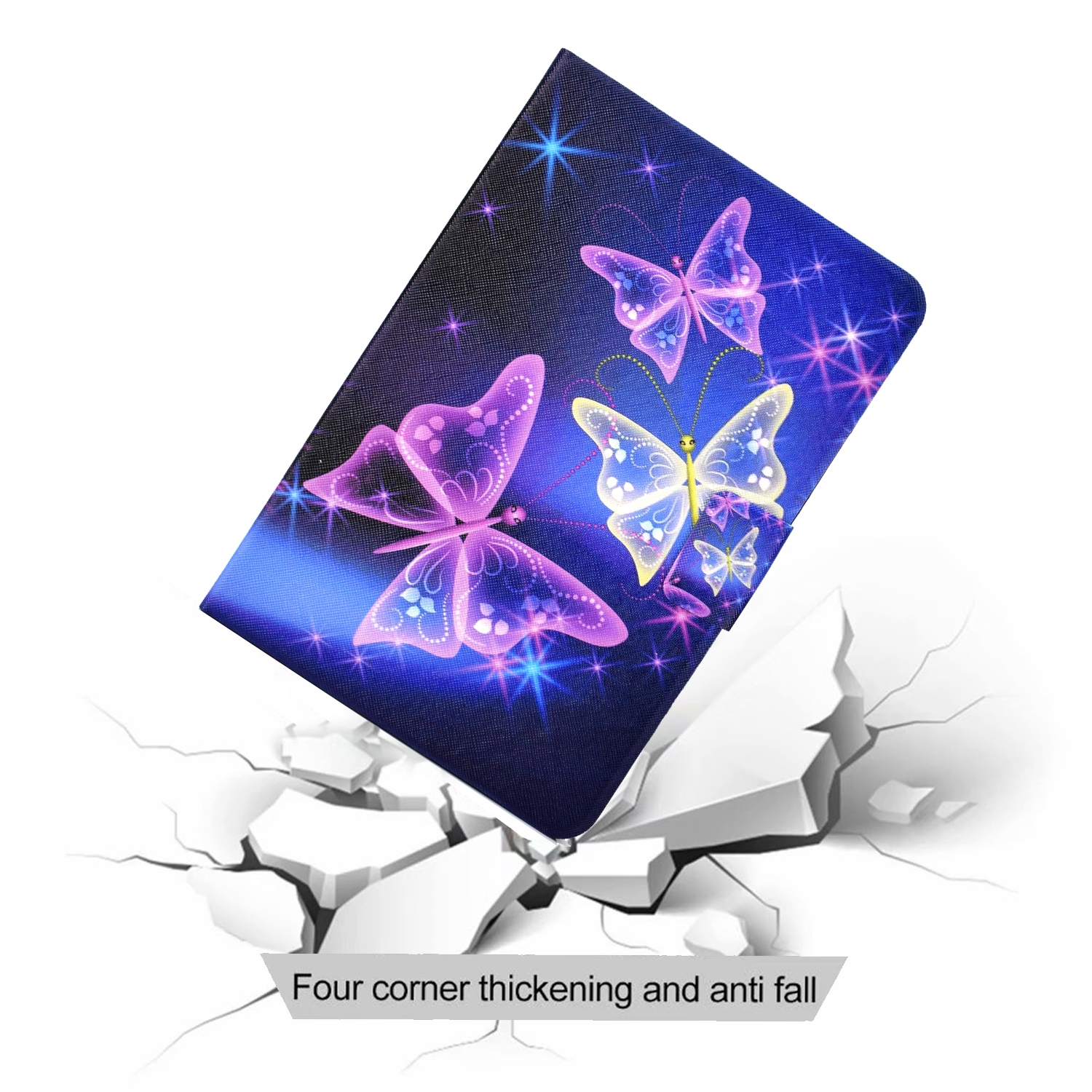Una funda para tableta con diseño de mariposa, mostrando el impacto en una superficie.
