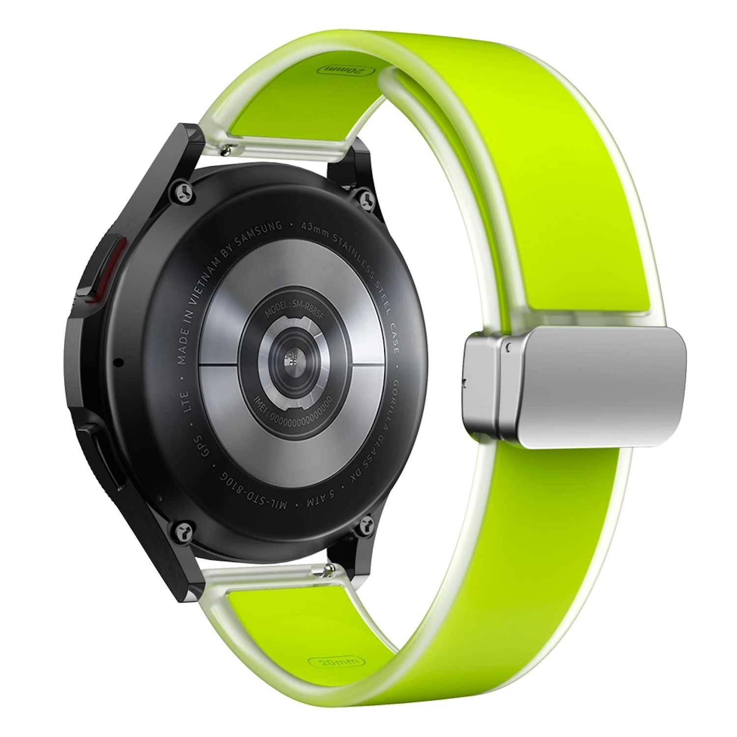 Schwarze Smartwatch mit limettengrünem Armband. Rückseite zeigt Modelldetails.