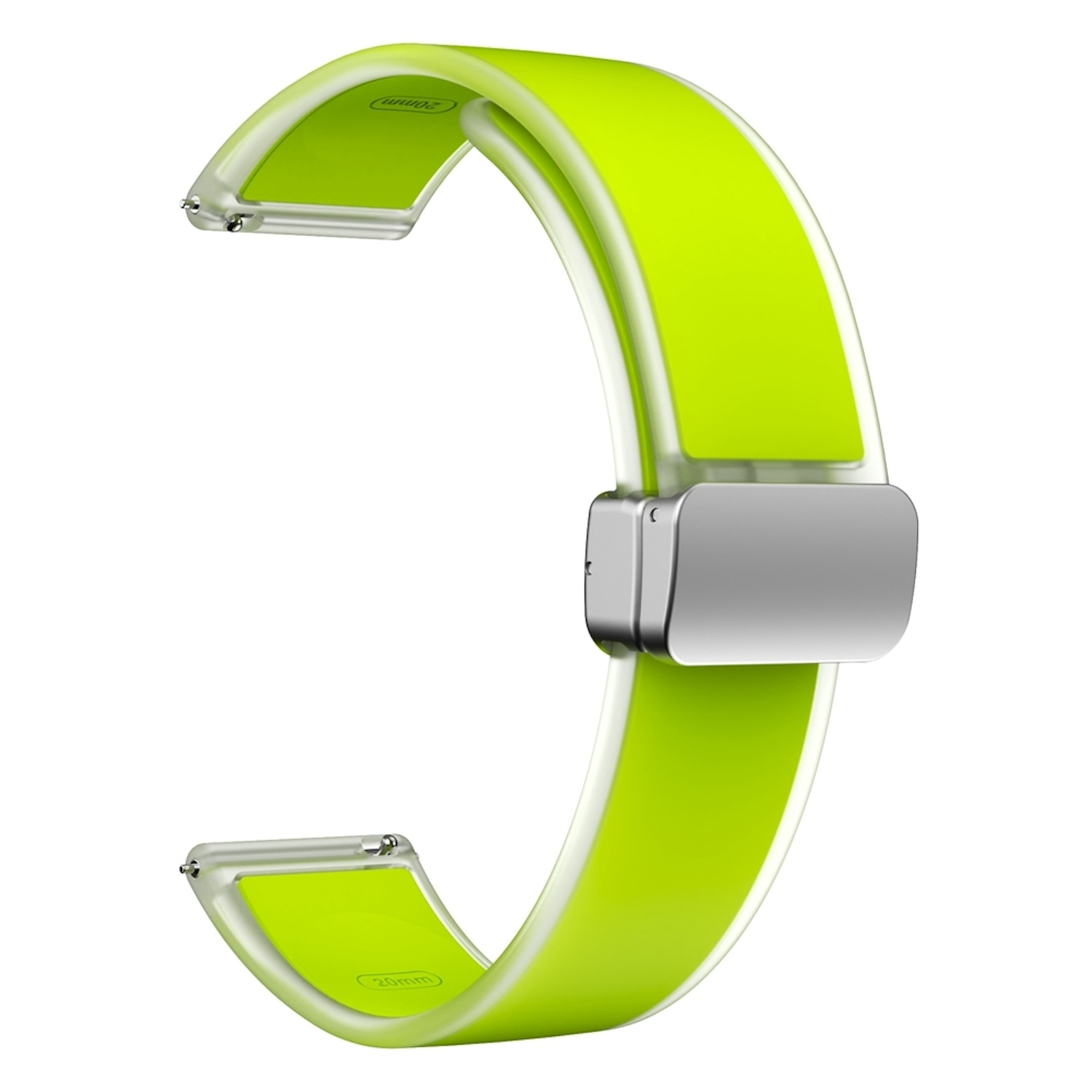 Limettengrünes Uhrenarmband. Es hat einen silbernen Verschluss und klare Kanten.