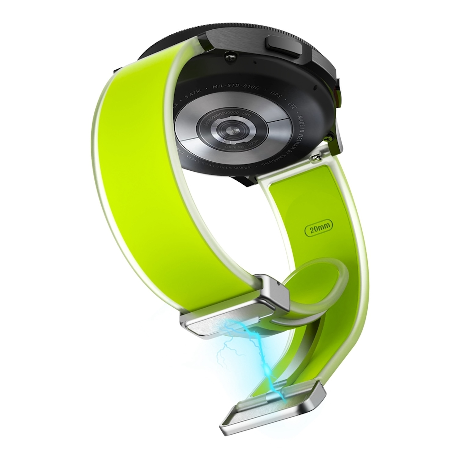 Eine Smartwatch mit limettengrünem Armband, von unten betrachtet.