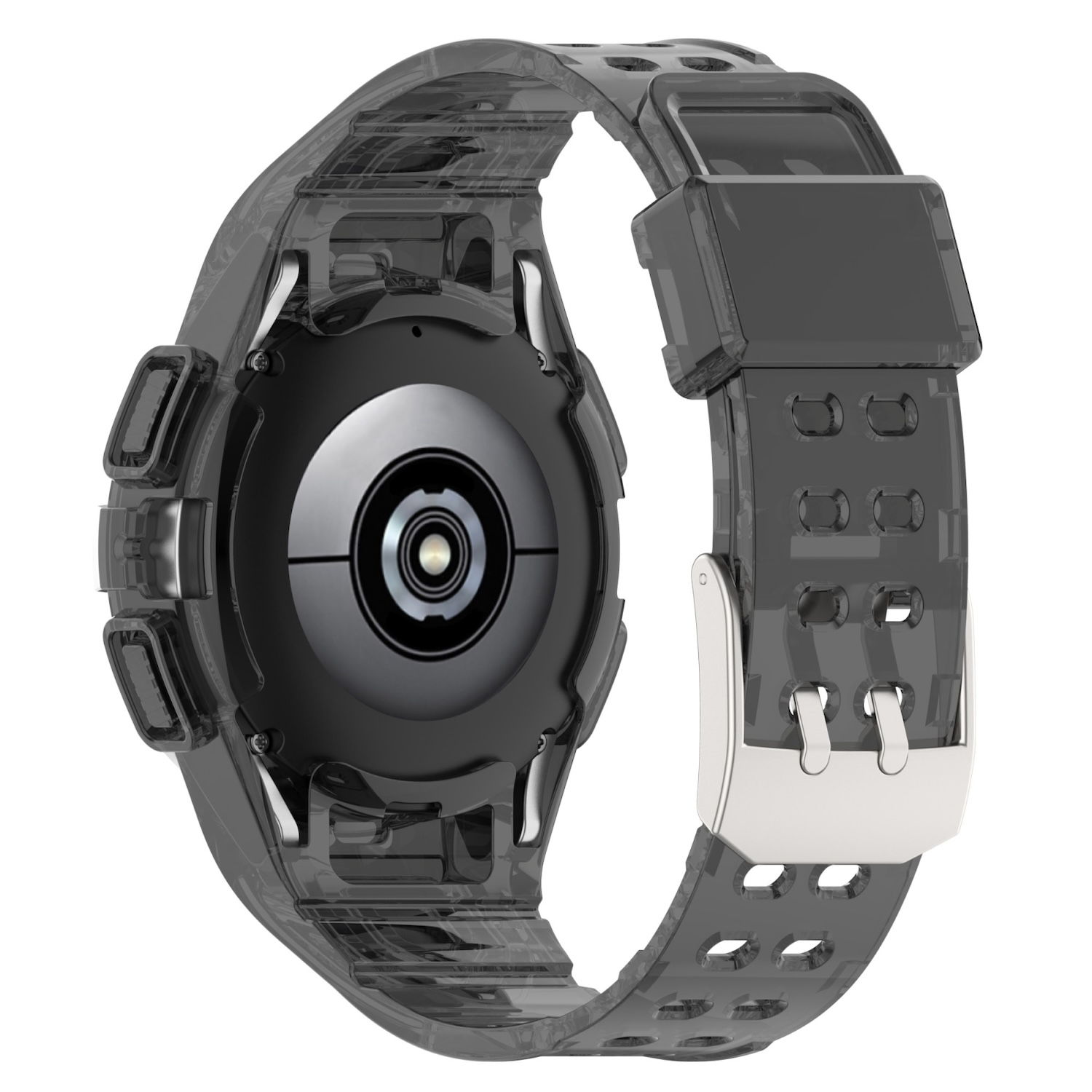 Ein transparentes Smartwatch-Armband mit schwarzem Zifferblatt, das die Rückseite der Uhr zeigt.