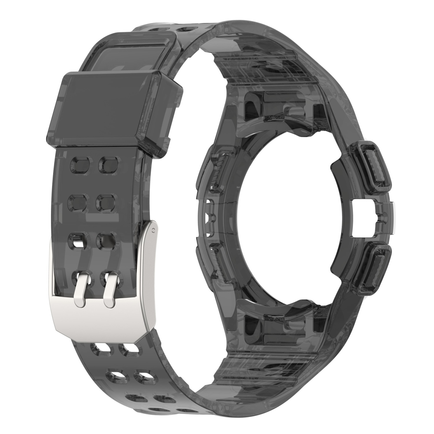 Transparente Smartwatch-Band mit silberner Schnalle.