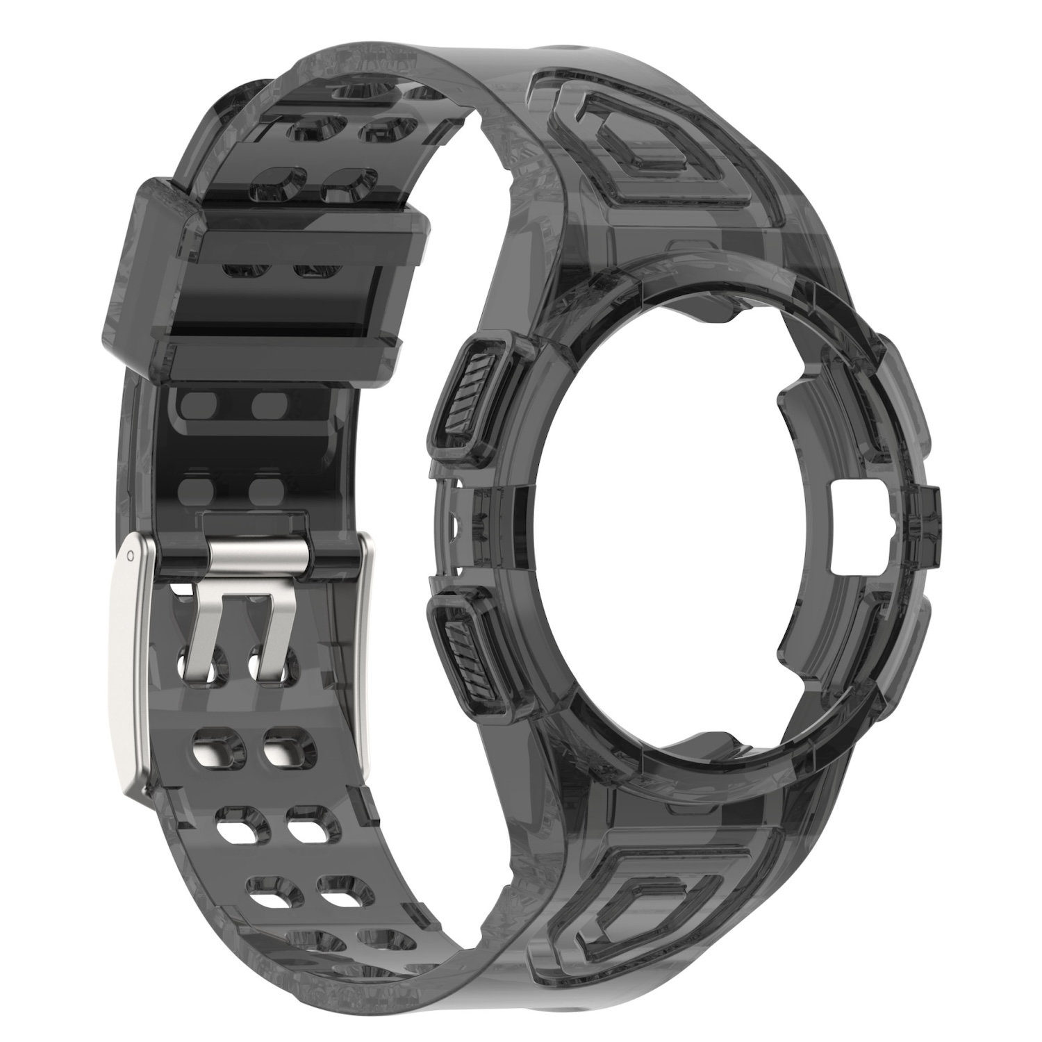 Schwarzes Uhrenarmband mit transparentem Uhrengehäuse. Das Armband hat eine Schnalle und ist auf weißem Hintergrund.