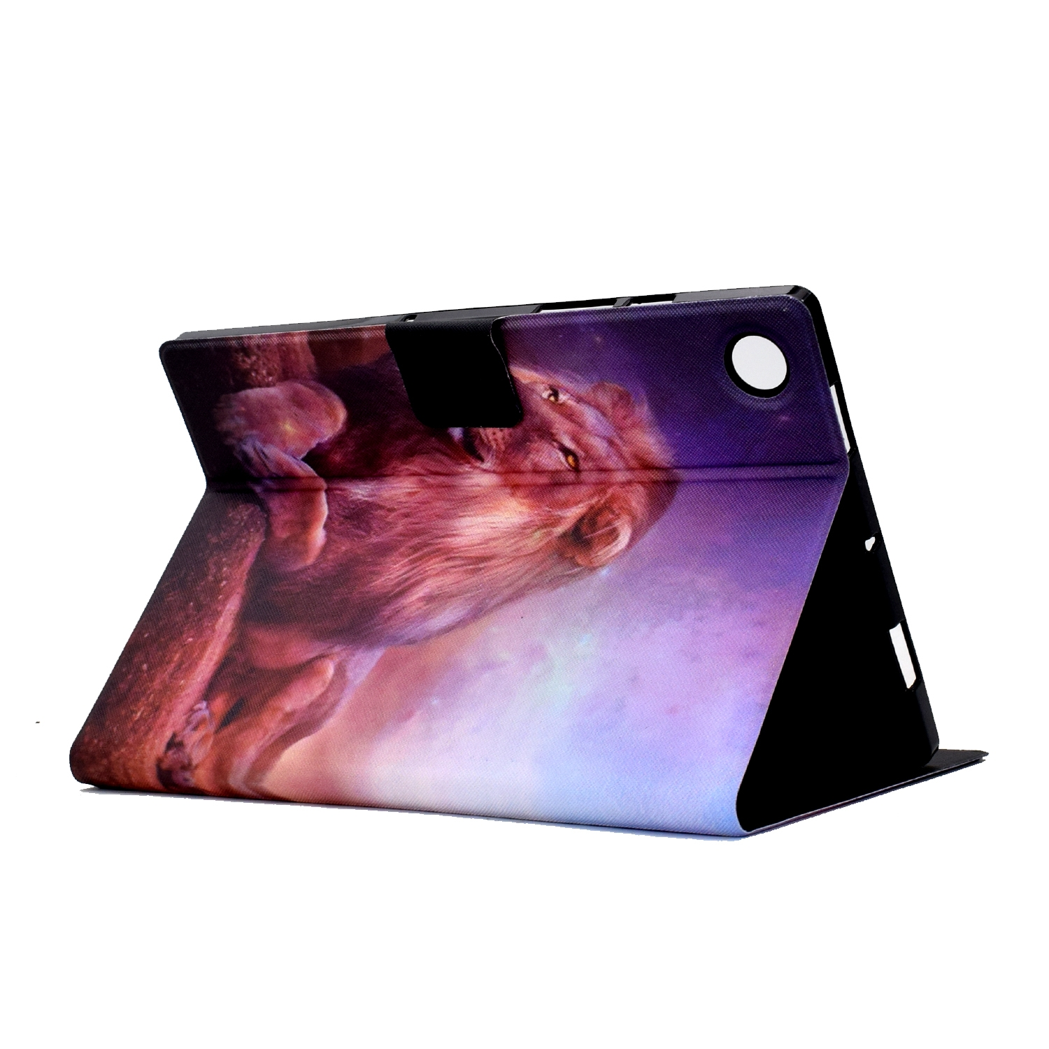 Tablethülle mit Löwenbild, geöffnet auf weißer Oberfläche.
