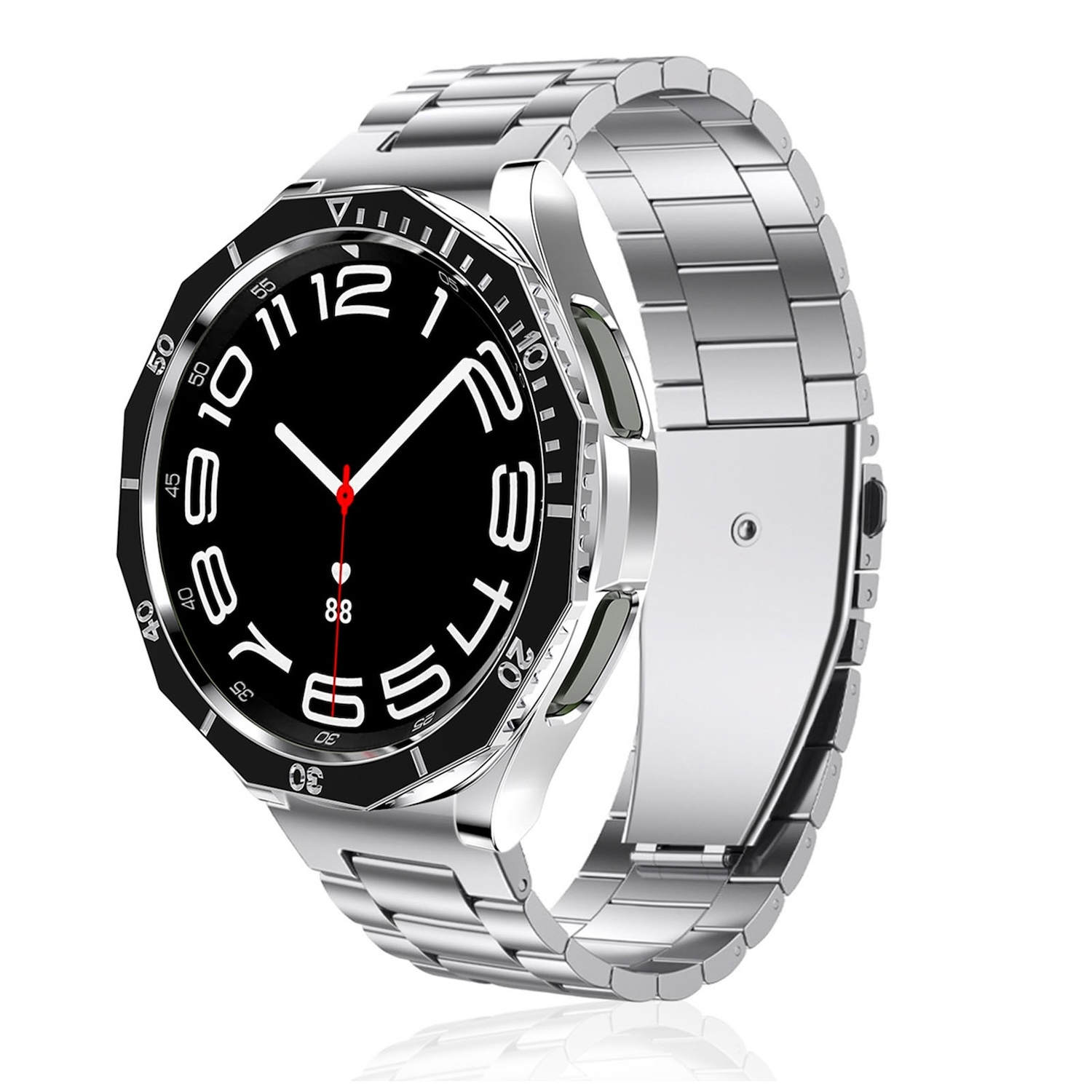 Uno smartwatch argentato su una superficie bianca, vista angolata. L'orologio ha un quadrante nero e un cinturino in metallo argentato.
