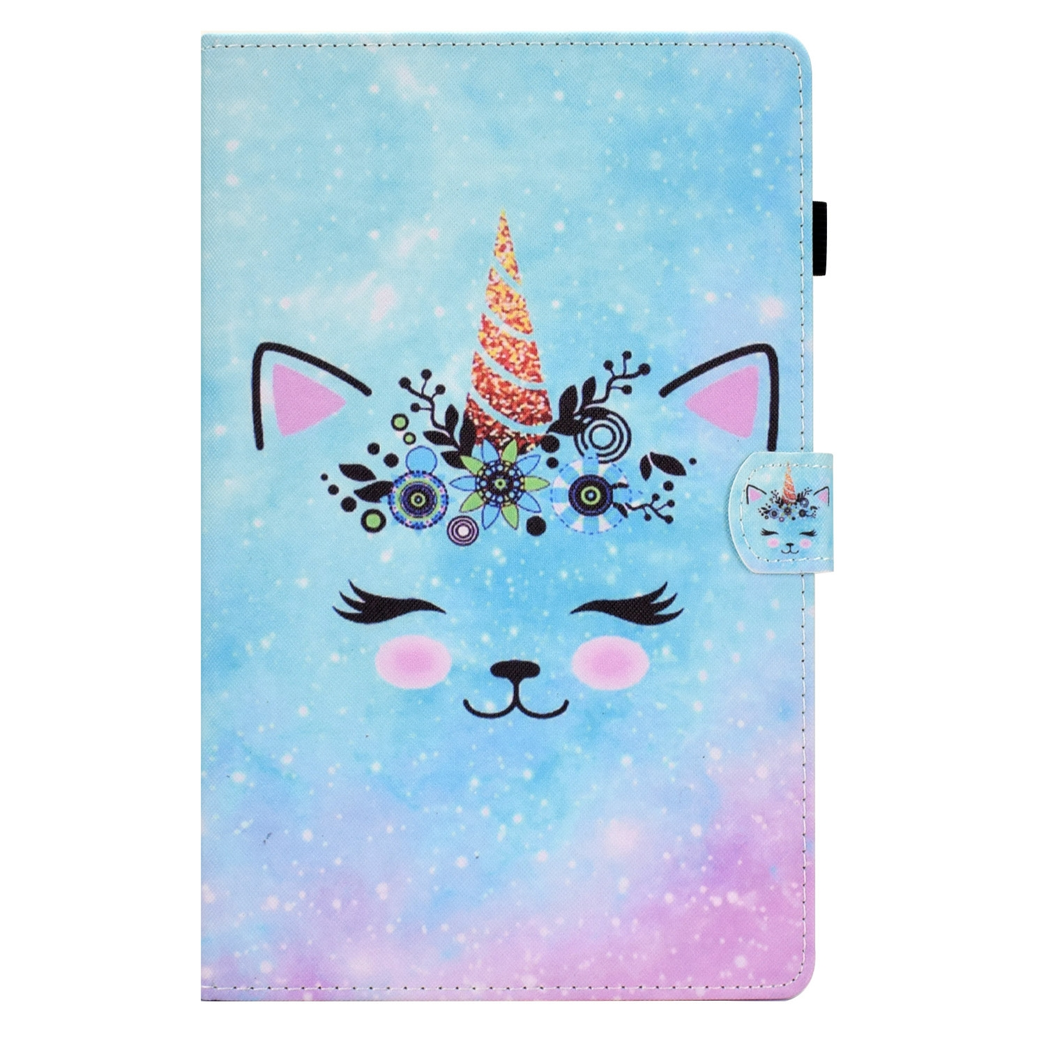 Tablethülle mit Einhorn-Gesicht-Design. Blauer Hintergrund mit Glitzereffekt.