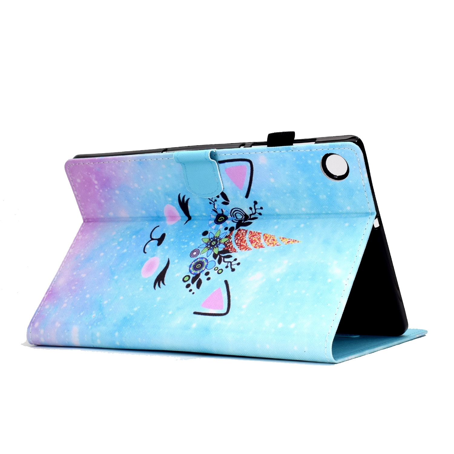 Eine Tablet-Hülle mit einem Einhorn-Design. Sie ist blau und lila mit einem Einhorn-Gesicht.