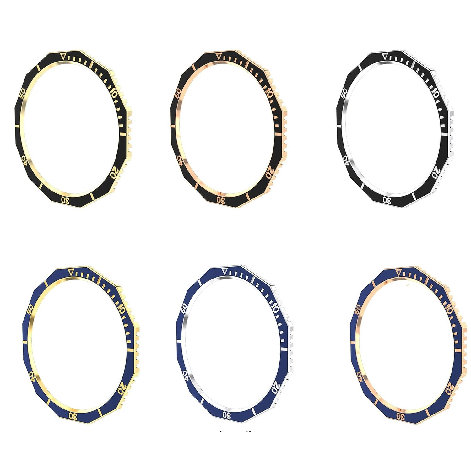 Sei lunette per orologi. Di colore variabile, hanno un design circolare con numeri e indicatori.