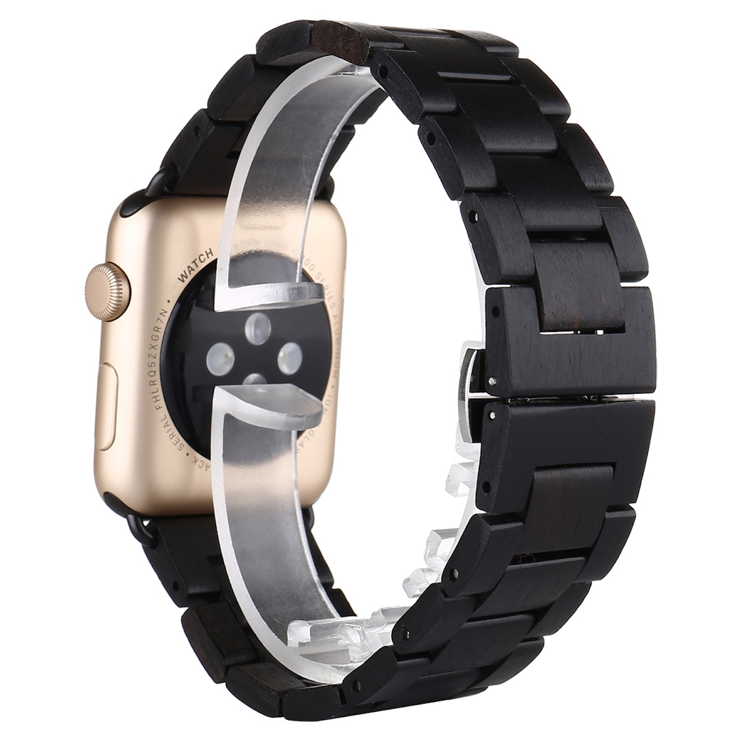 Eine goldene Apple Watch mit einem schwarzen Holzarmband auf weißem Hintergrund.
