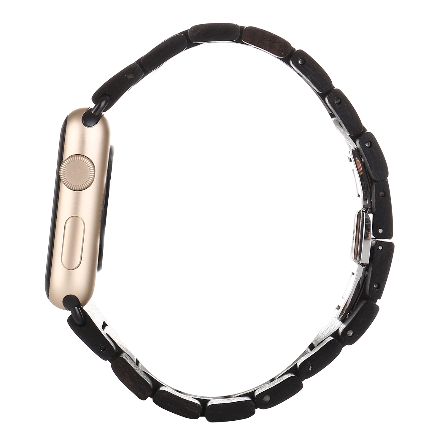 Eine goldene Smartwatch mit Holzarmband wird von der Seite gesehen und zeigt die Struktur des Armbands.