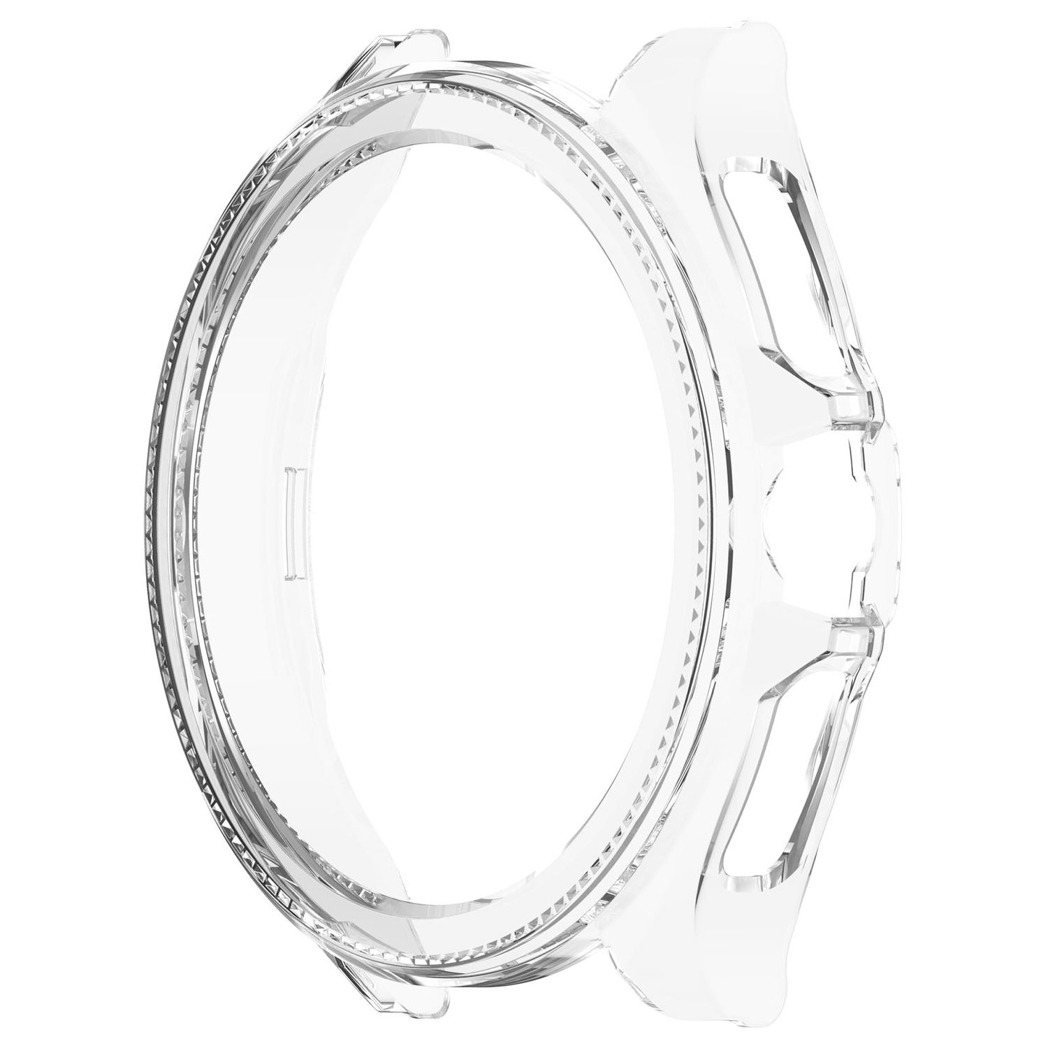 Transparente Kunststoff-Uhrenhülle. Es hat ein kreisförmiges Design mit Öffnungen für Knöpfe und freier Sicht.