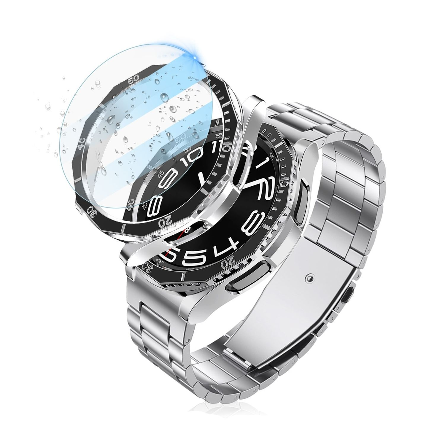 Silberne Uhr mit schwarzem Zifferblatt und Glasschutz. Edelstahlarmband.