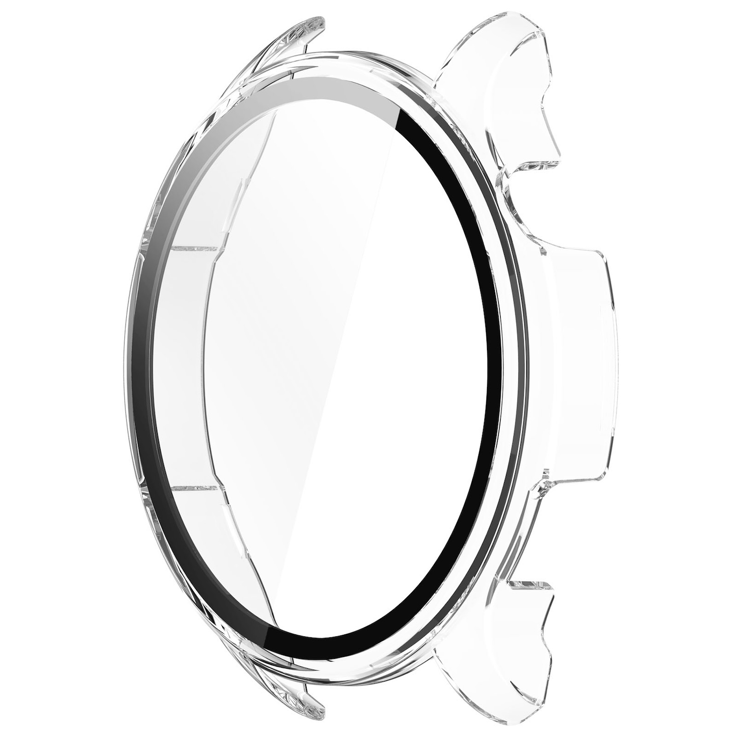 Transparente Uhrenhülle, die die Uhr schützt, mit klaren Rändern auf weißem Hintergrund.