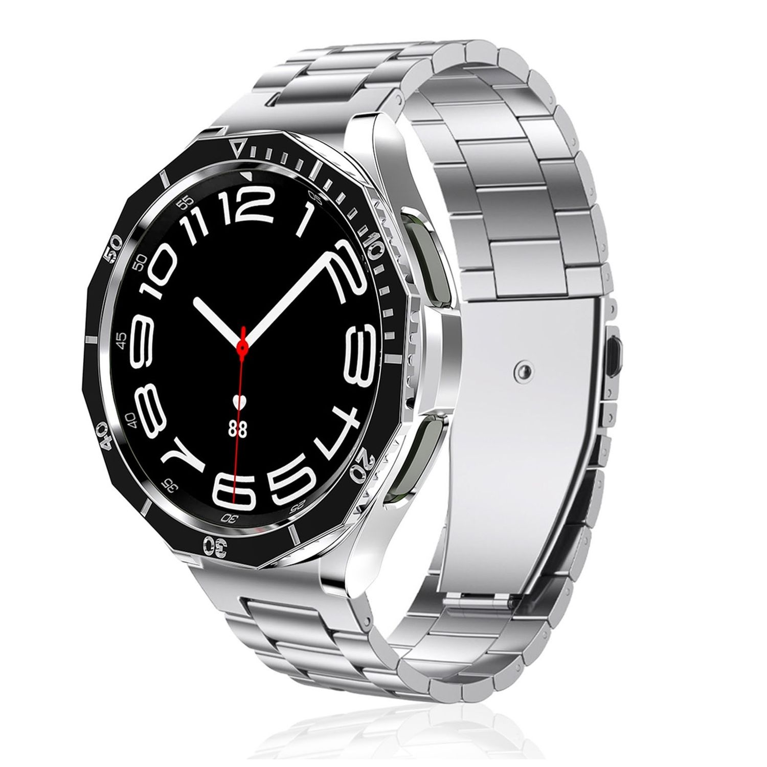 Eine silberne Smartwatch mit schwarzem Zifferblatt und silbernem Armband, auf weißem Hintergrund.